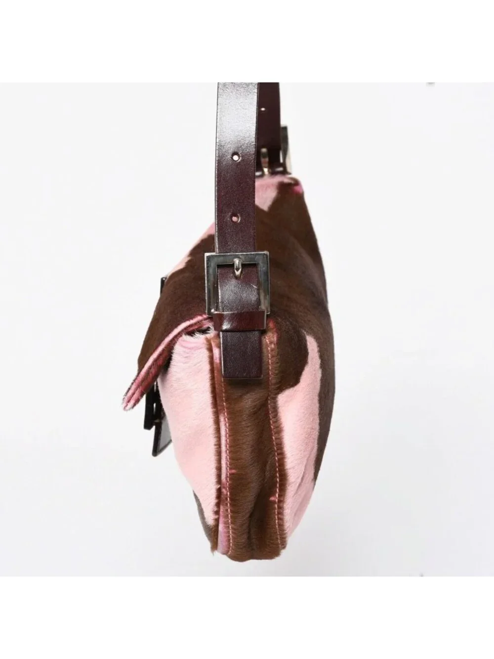 Fendi Mamma Baguette Calf Hair Leather Shoulder Bag Pink Brown Silver